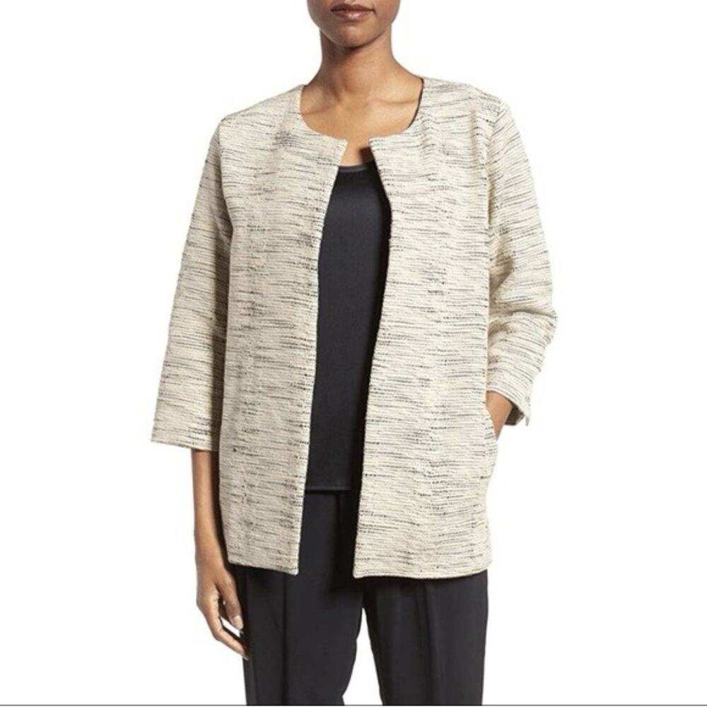 Eileen Fisher Women Small Cotton‎ Beige Black Slub Blazer Jacket 3/4 Sleeve